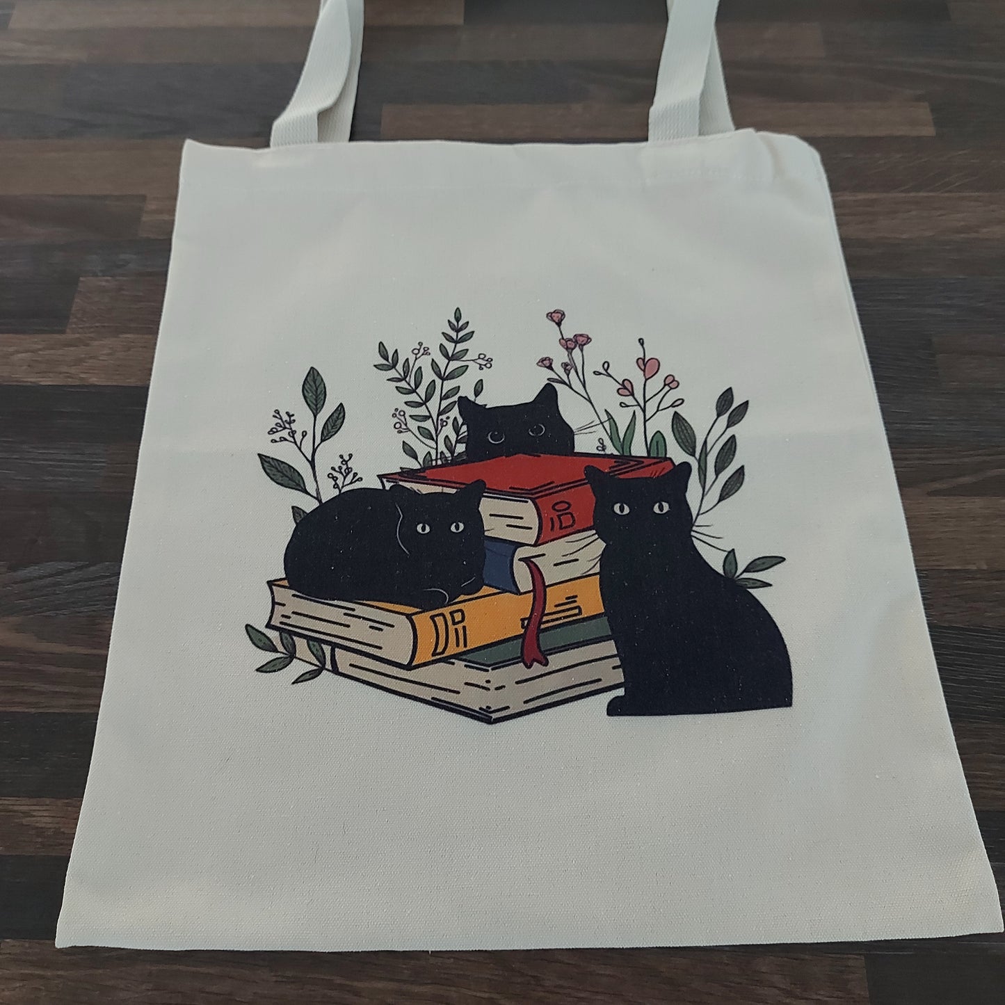 Black Cat Tote Bag – Three Cats on Books Design, Canvas Shopper 34x40cm