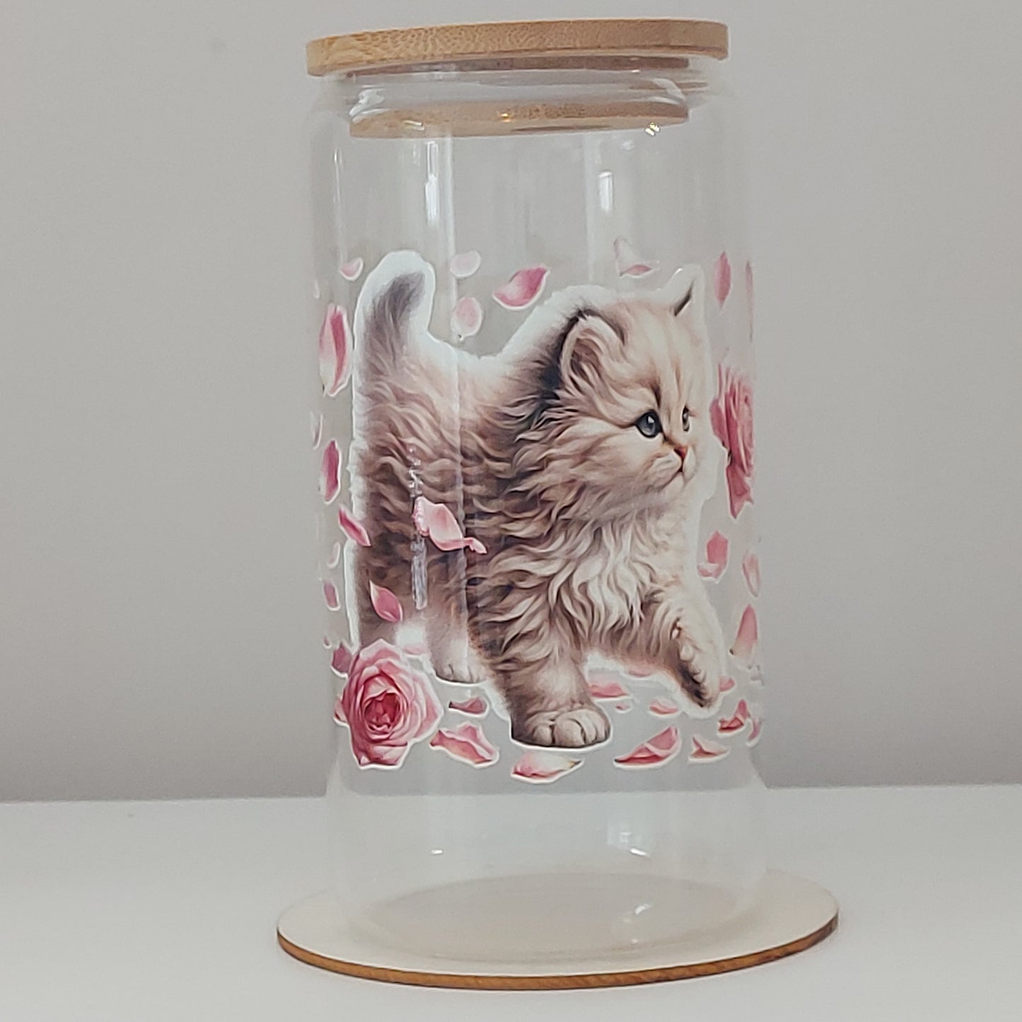 Fluffy Kitten & Rose Petals Glass Tumbler with Bamboo Lid – Cute Cat Lover Gift