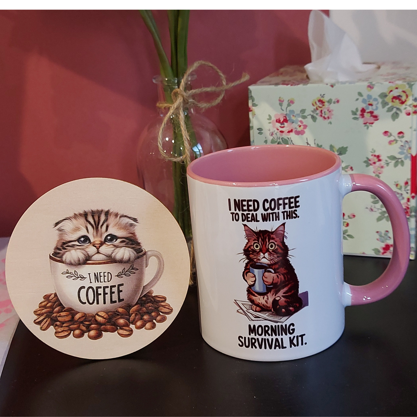 "I need coffee" cute cat coaster. 10cm round wood, non slip heat resistant with cute kitten peering out of coffee cup