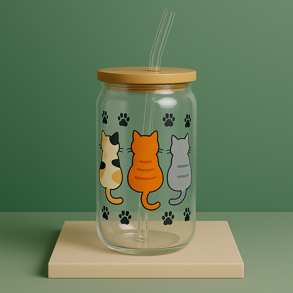 Glass tumbler with bamboo lid and straw featuring three cute cartoon cats with black paw prints, ideal for iced coffee and cat lovers.