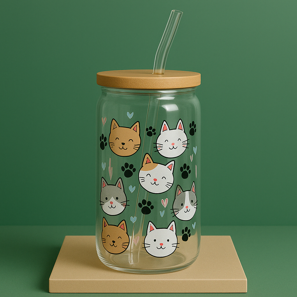glass tumbler with bamboo lid and glass straw. Illustrations of cat faces and paw prints.