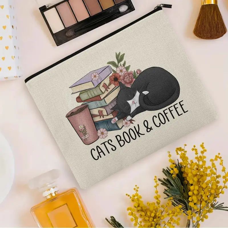 Multi use zipper purse. Showing picture of a sleeping cat next to books. quote "Cats books and coffee"