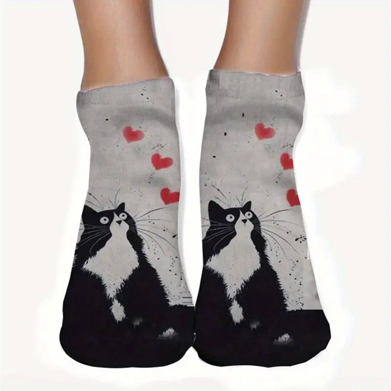Women's polyester ankle socks. Various cute cat designs. One size
