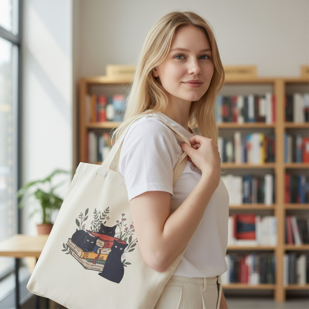 Black Cat Tote Bag – Three Cats on Books Design, Canvas Shopper 34x40cm