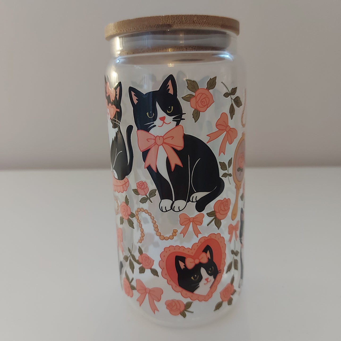 Tuxedo Cat Floral Glass Tumbler with Bamboo Lid & Straw – 16oz