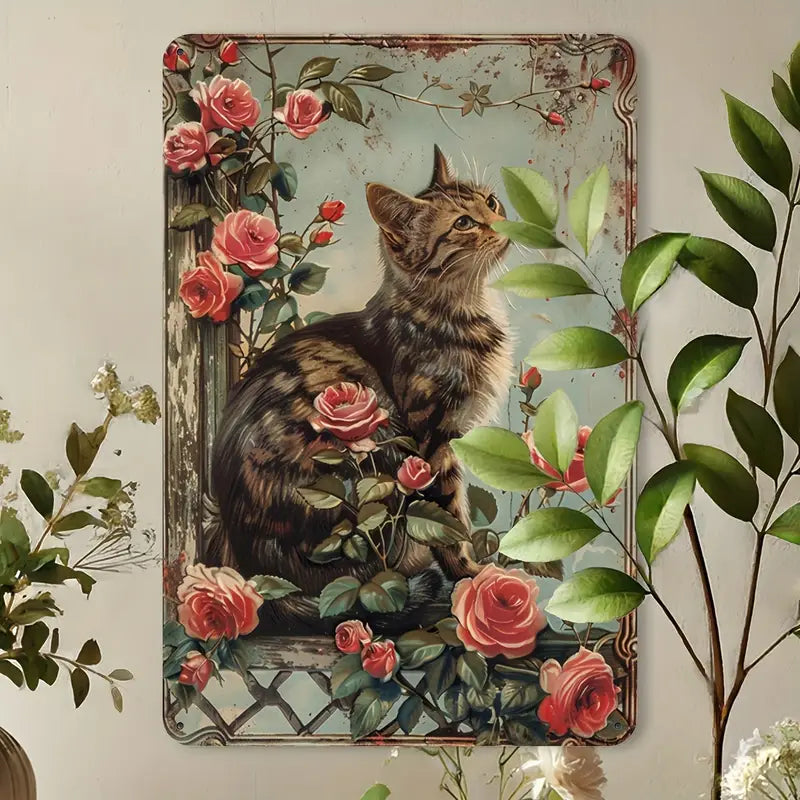 Vintage  metal wall art with a beautiful cat sitting on a window sill surrounded by red roses