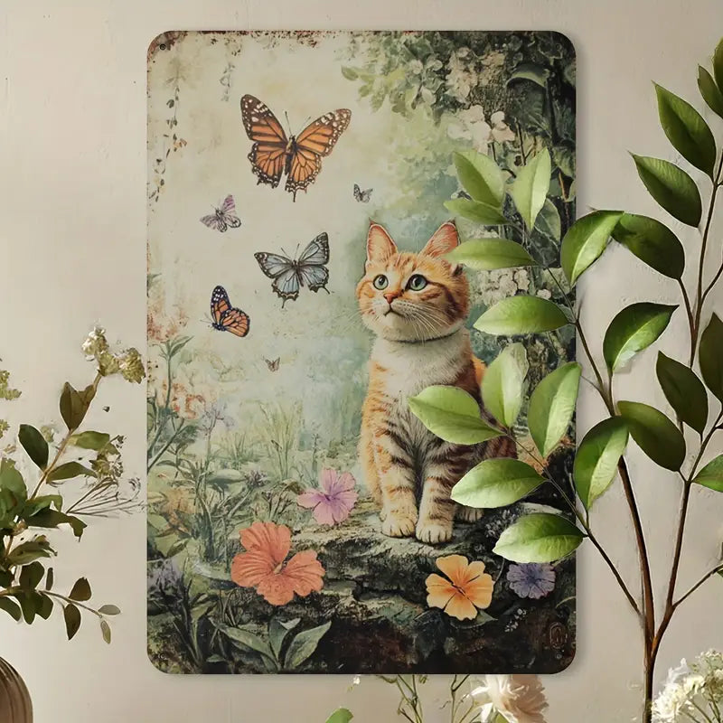 Whimsical wall art featuring an orange tabby cat sitting on a rock, gazing at colourful butterflies in a dreamy garden filled with lush greenery and vibrant flowers.