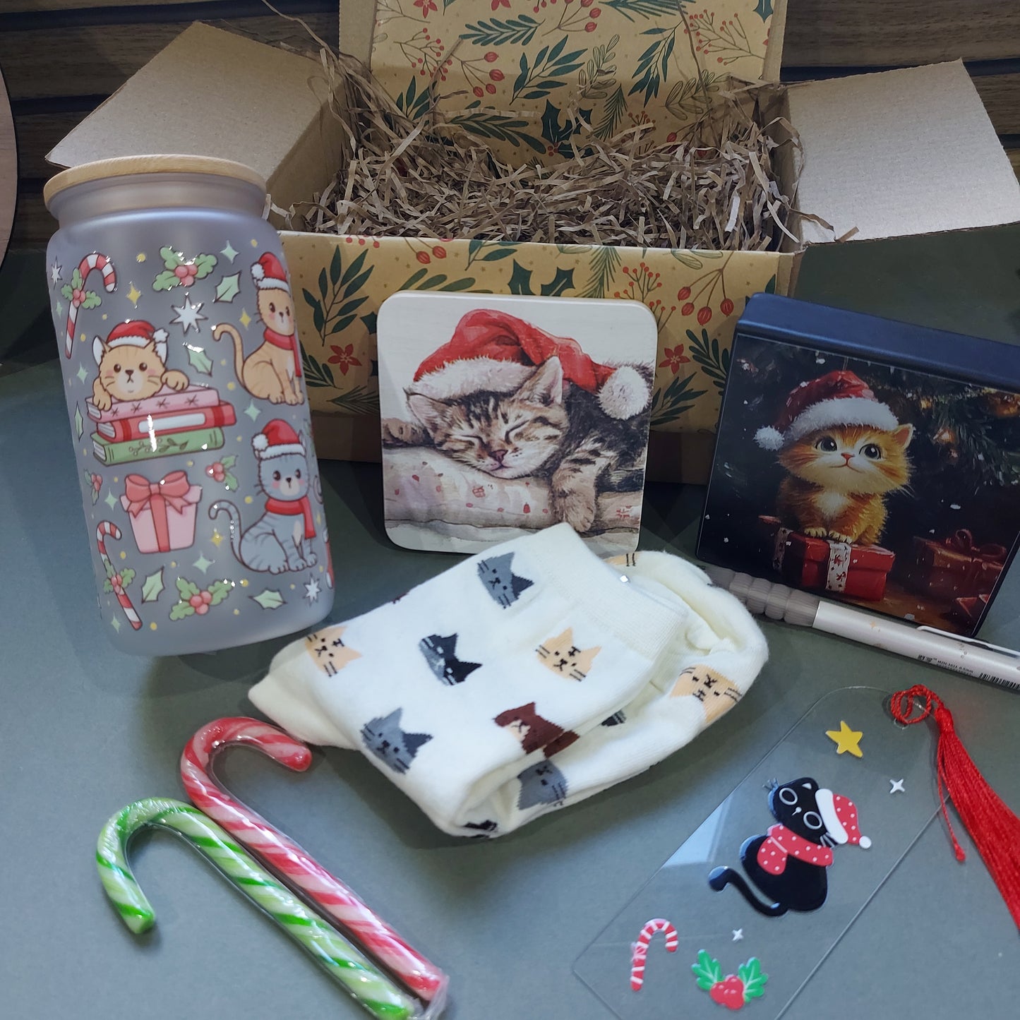 Gift Box – Cat Lover Christmas Edition | Handmade Festive Cat Mug, Coaster, Bookmark & Memo Pad