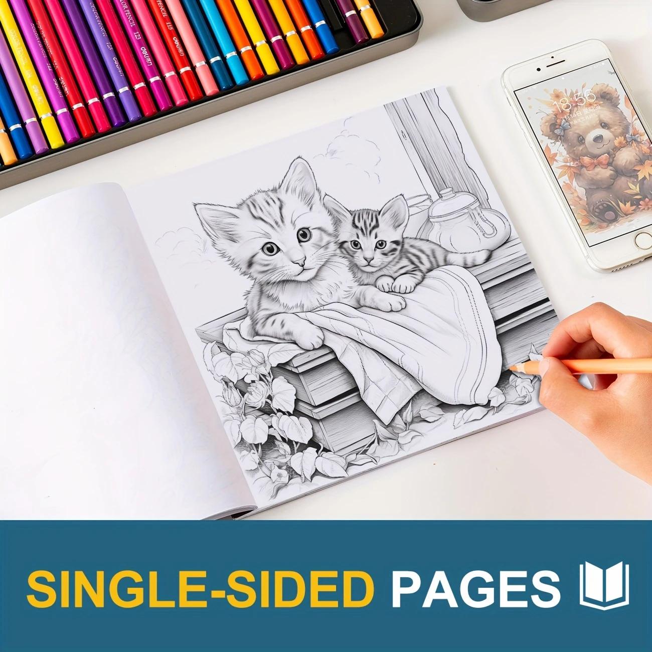 Adult colouring book with detailed illustrations of cats, featuring intricate patterns and designs. The book is designed for adults to relax and colour, with a variety of cat-themed images to bring creativity and calm.”