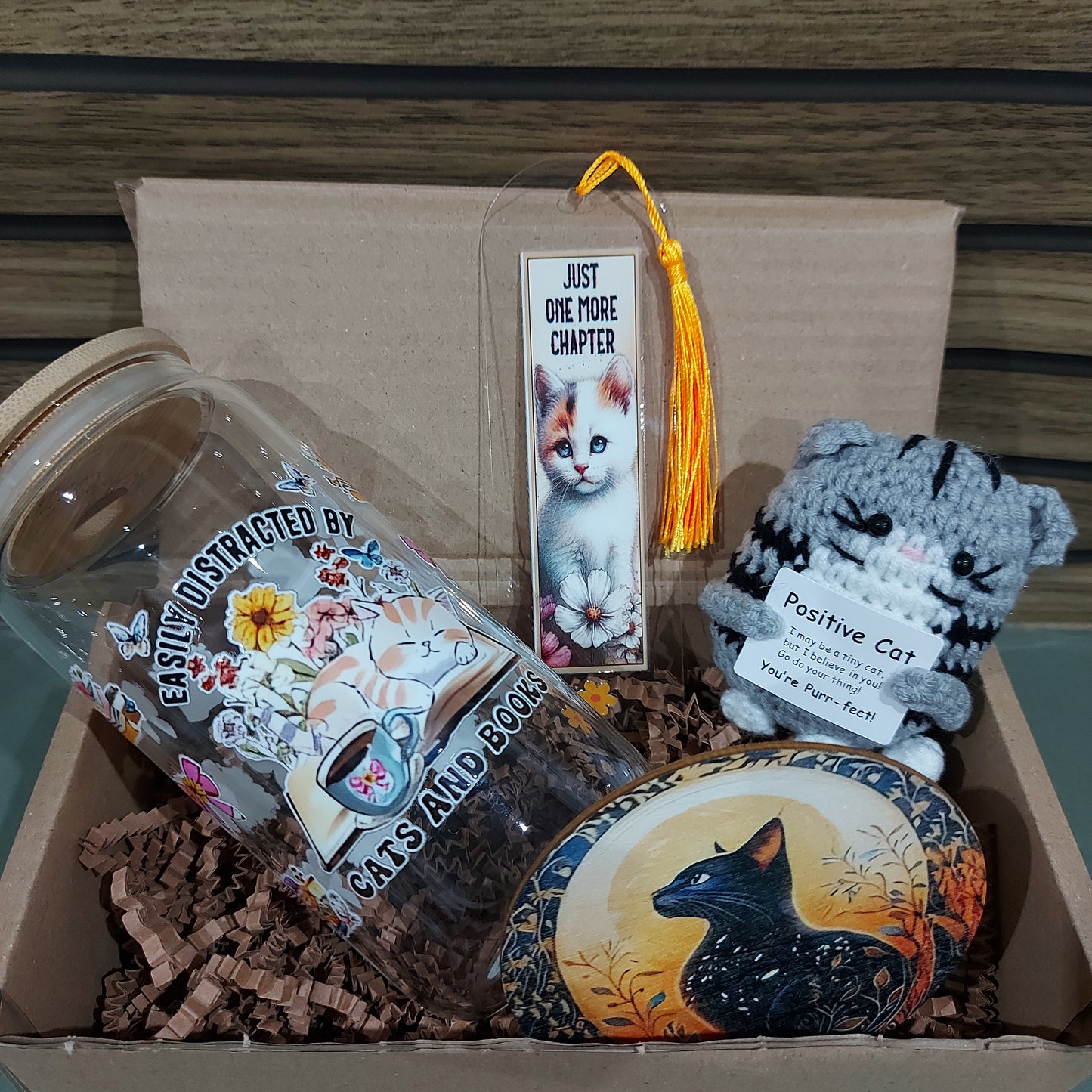 Tumbler Gift Set – Tumbler, Bookmark, Coaster & Crochet Cat Plushie | Cat Lover Gift Box