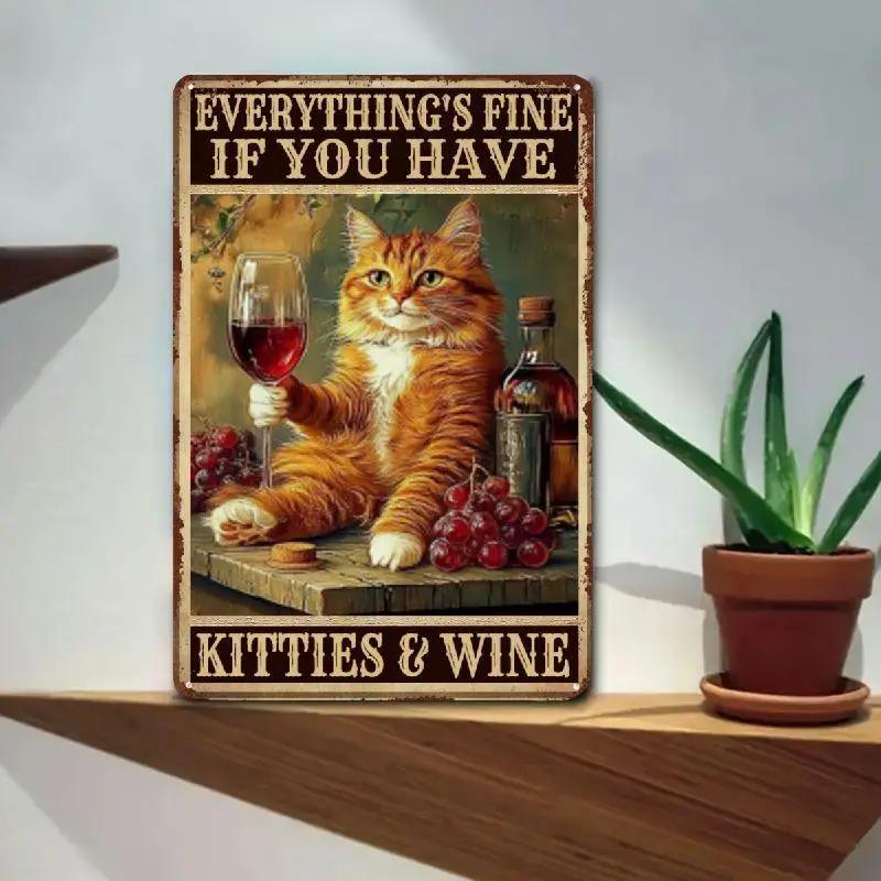 Kitties and Wine Vintage Metal Sign – Cat Wall Art (20x30cm) – Funny Indoor & Outdoor Decor