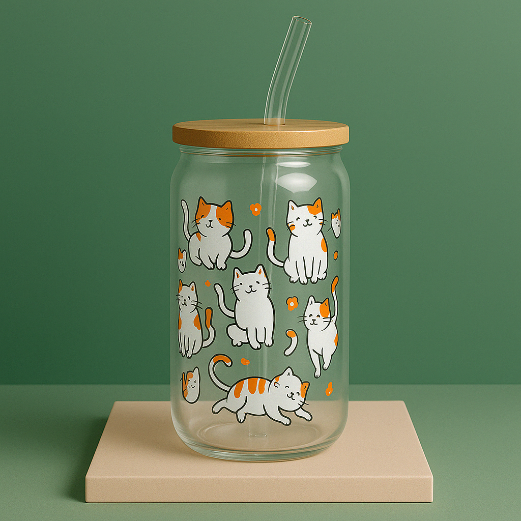 glass tumbler with bamboo lid and glass straw. Illustrations of cats and flowers on it