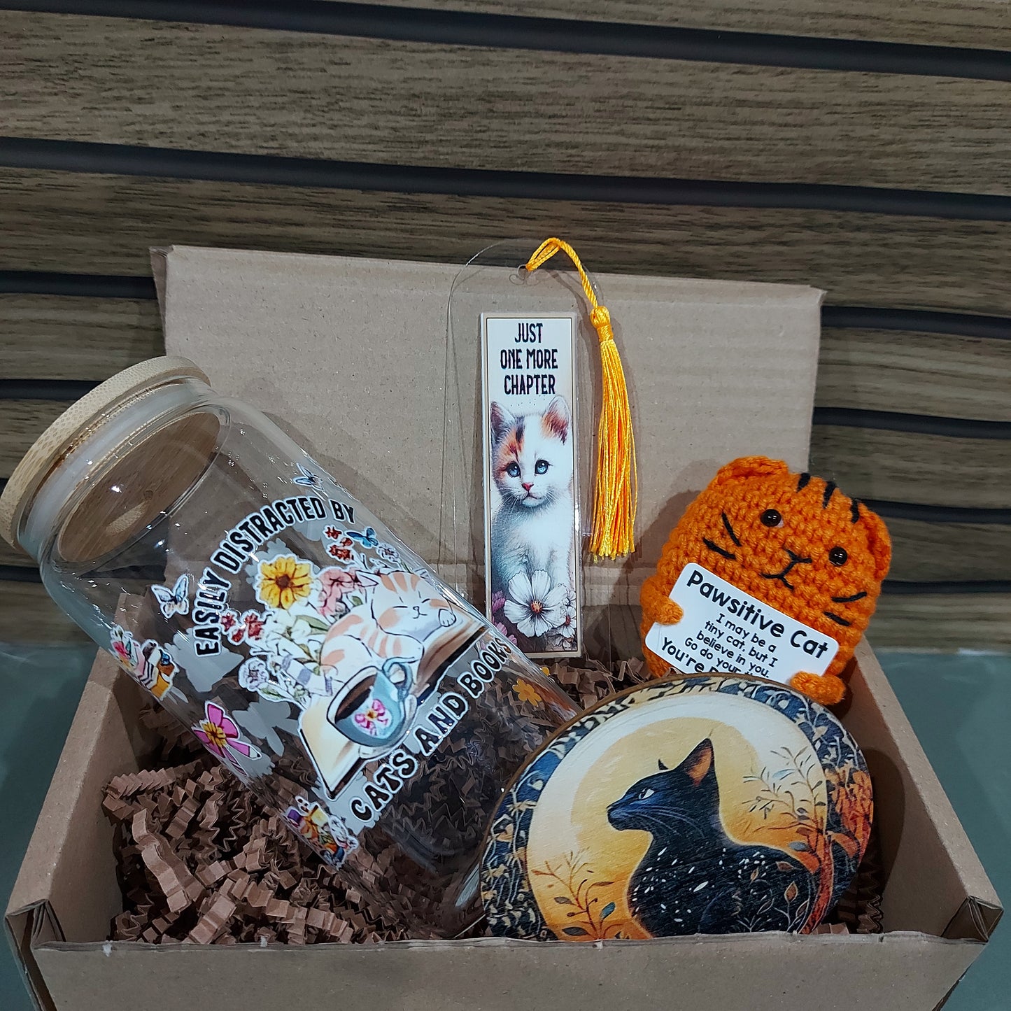 Tumbler Gift Set – Tumbler, Bookmark, Coaster & Crochet Cat Plushie | Cat Lover Gift Box
