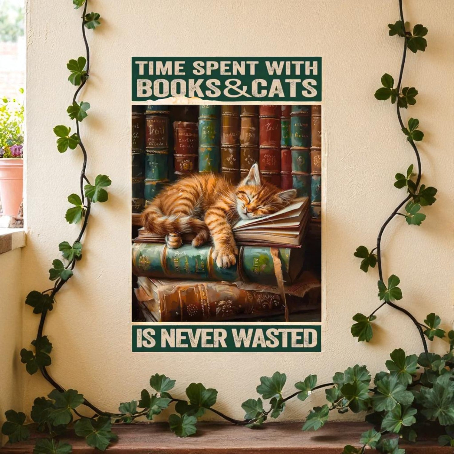 Vintage metal art showing ginger kitten asleep on a pile of books.