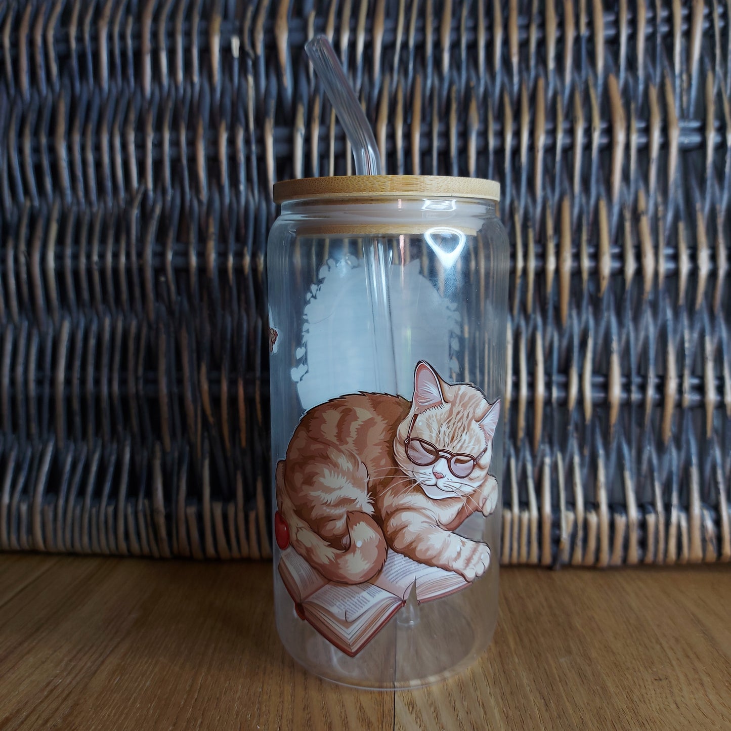 Library Cat and Butterflies Glass Tumbler with Straw & Bamboo Lid