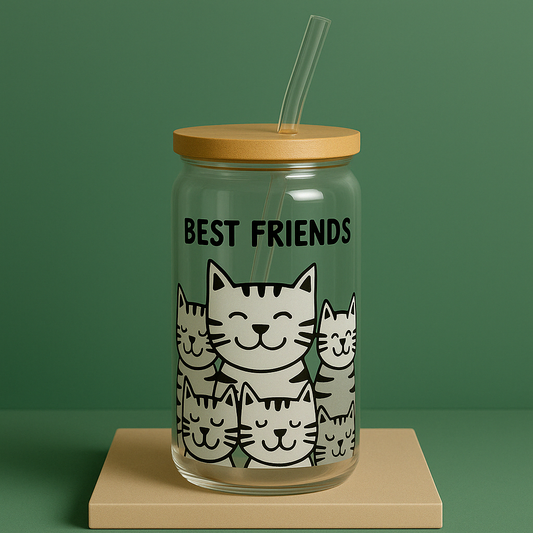 glass tumbler with bamboo lid and glass straw.  Illustrations of cats with Best Friends on it.