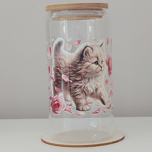 Fluffy Kitten & Rose Petals Glass Tumbler with Bamboo Lid – Cute Cat Lover Gift