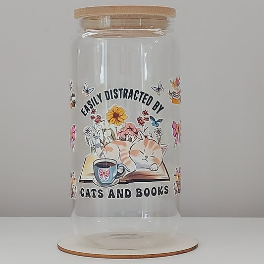 Easily Distracted by Cats and Books 16oz Glass Tumbler with Bamboo Lid & Straw