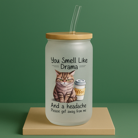Frosted glass tumbler with grumpy cat on it