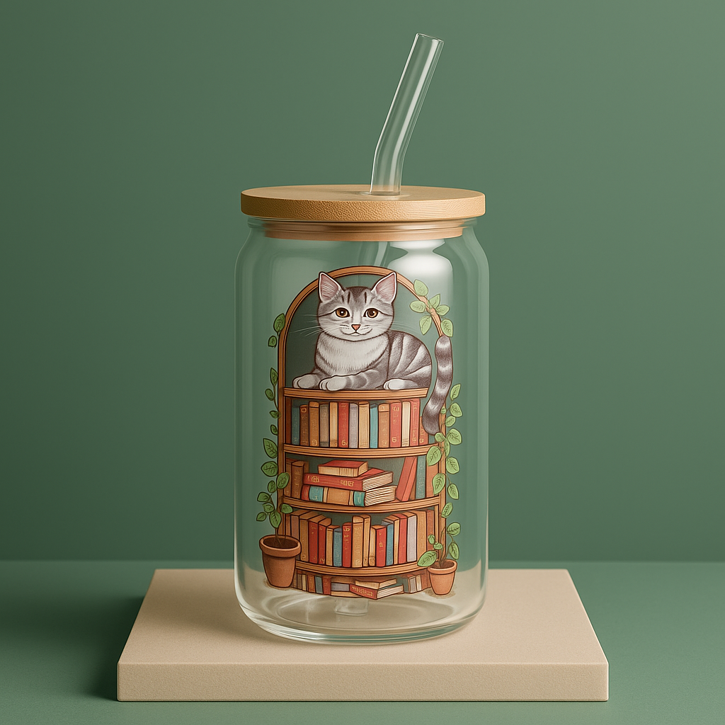 glass tumbler with bamboo lid and glass straw.  Illustrations of cats and books