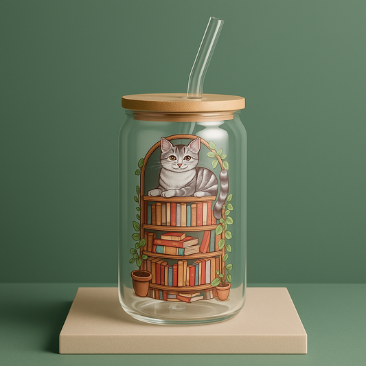 glass tumbler with bamboo lid and glass straw.  Illustrations of cats and books