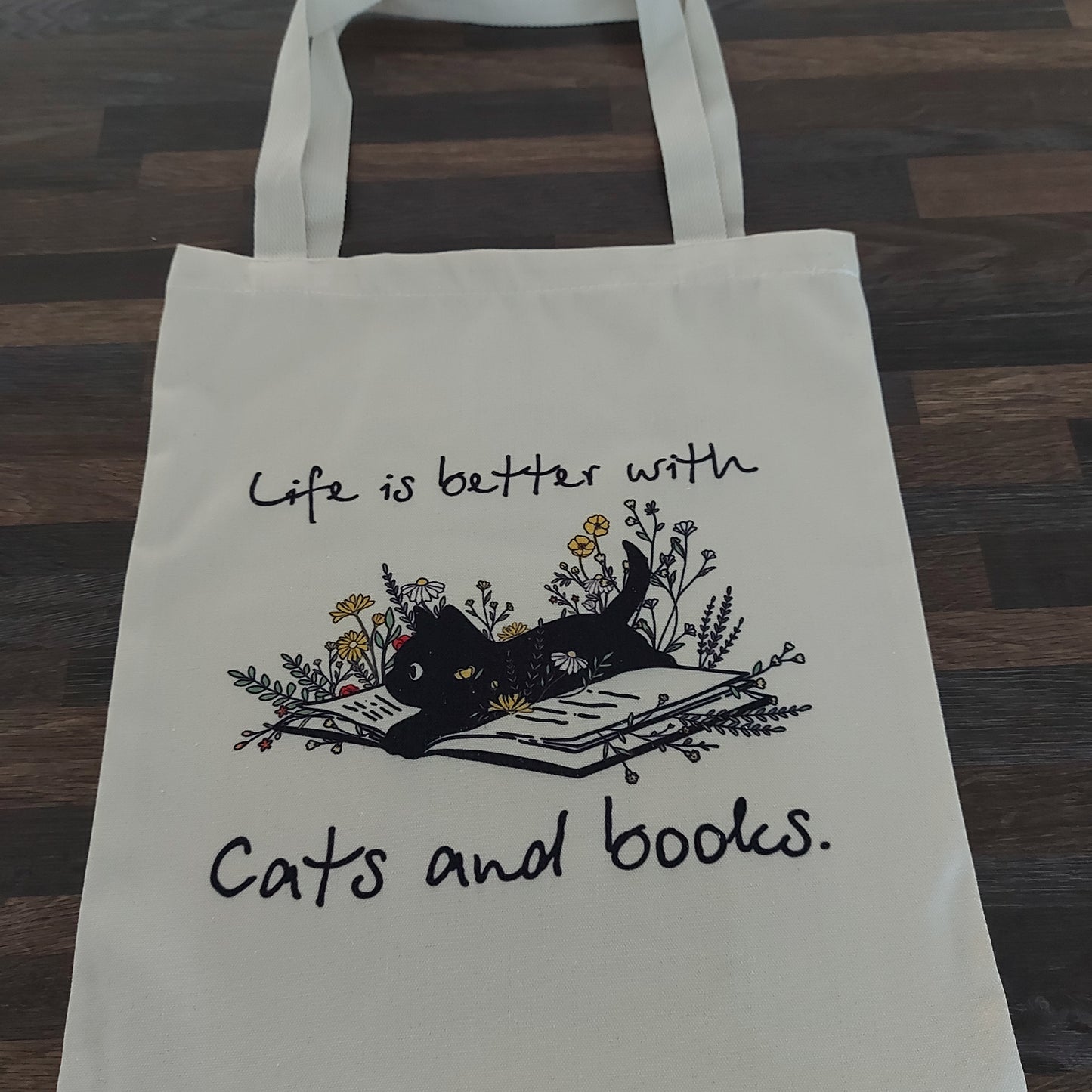 Cats and Books Tote Bag – Black Cat Canvas Shopper 34x40cm