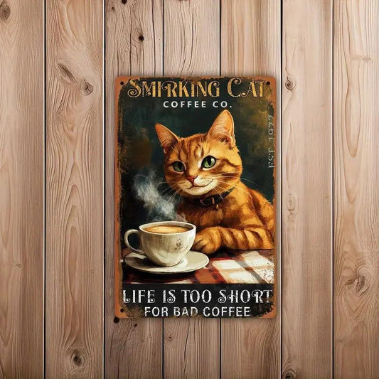 Vintage cat metal sign.  Ginger cat with a coffee and quote "Life is too short for bad coffee"
