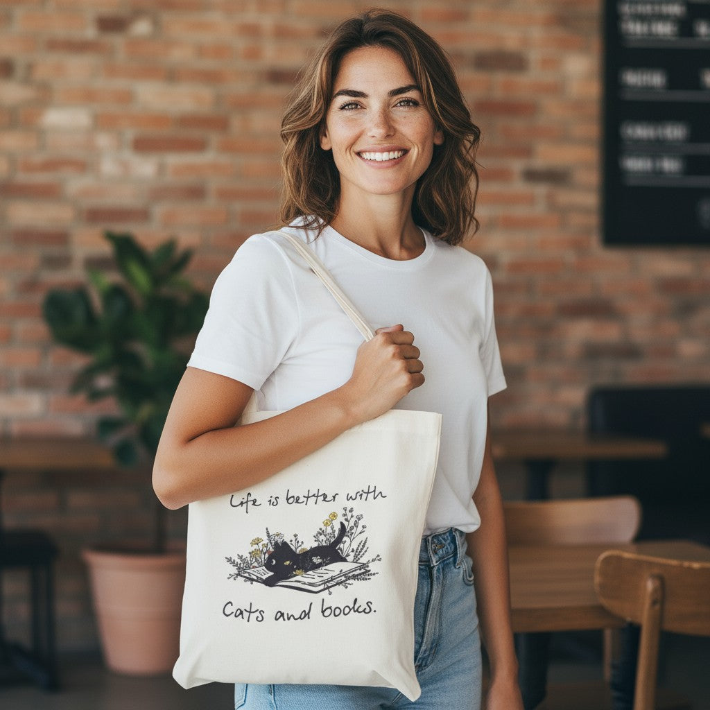 Cats and Books Tote Bag – Black Cat Canvas Shopper 34x40cm