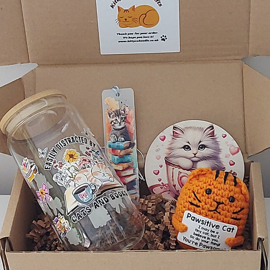Tumbler Gift Set – Tumbler, Bookmark, Coaster & Crochet Cat Plushie | Cat Lover Gift Box