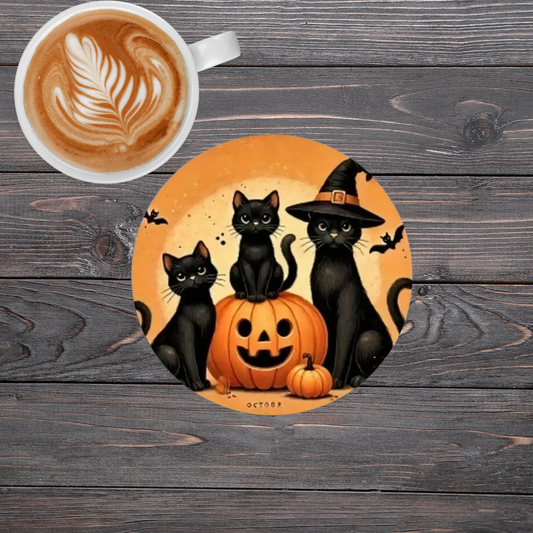 Halloween Black Cat Coaster – Pumpkin Witch Design (10cm x 10cm)