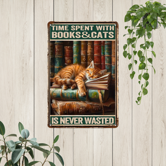 Vintage metal art showing ginger kitten asleep on a pile of books.