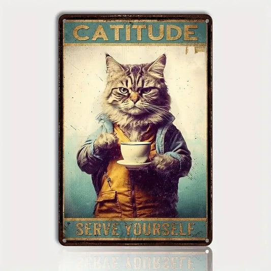 Catitude Vintage Metal Sign featuring a grumpy cat holding a coffee cup with the quote 'Serve Yourself.' 20x30cm, weather-resistant, perfect for indoor and outdoor use."

