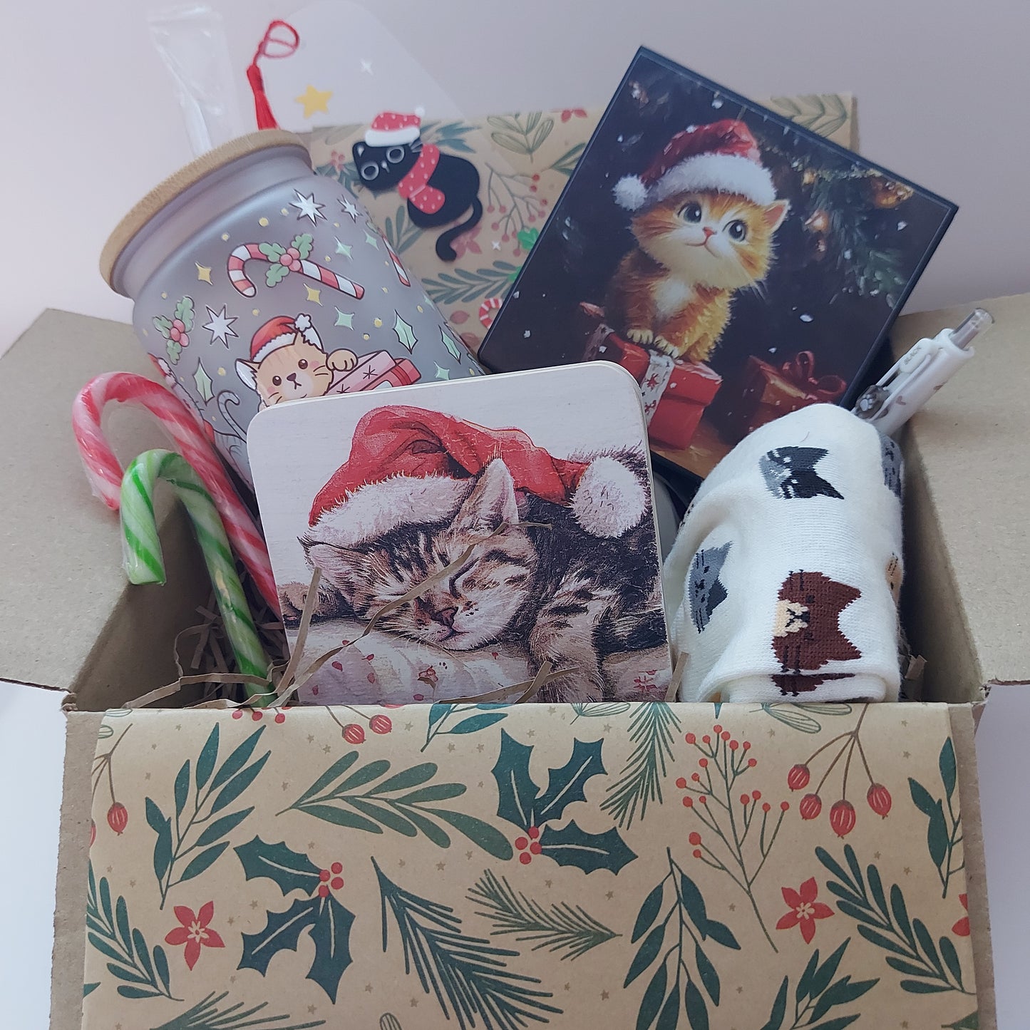 Gift Box – Cat Lover Christmas Edition | Handmade Festive Cat Mug, Coaster, Bookmark & Memo Pad