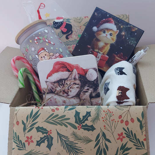 Gift Box – Cat Lover Christmas Edition | Handmade Festive Cat Mug, Coaster, Bookmark & Memo Pad