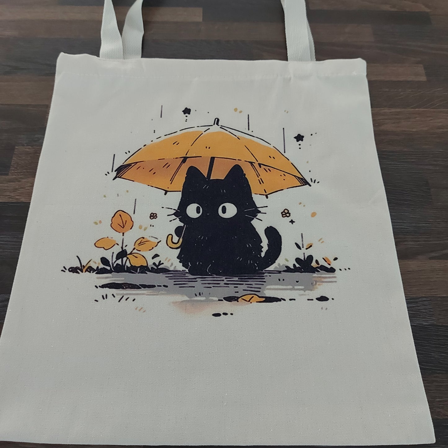 Cute Black Cat Tote Bag with Yellow Umbrella – Double-Sided Print, 35x40cm Canvas Shopper