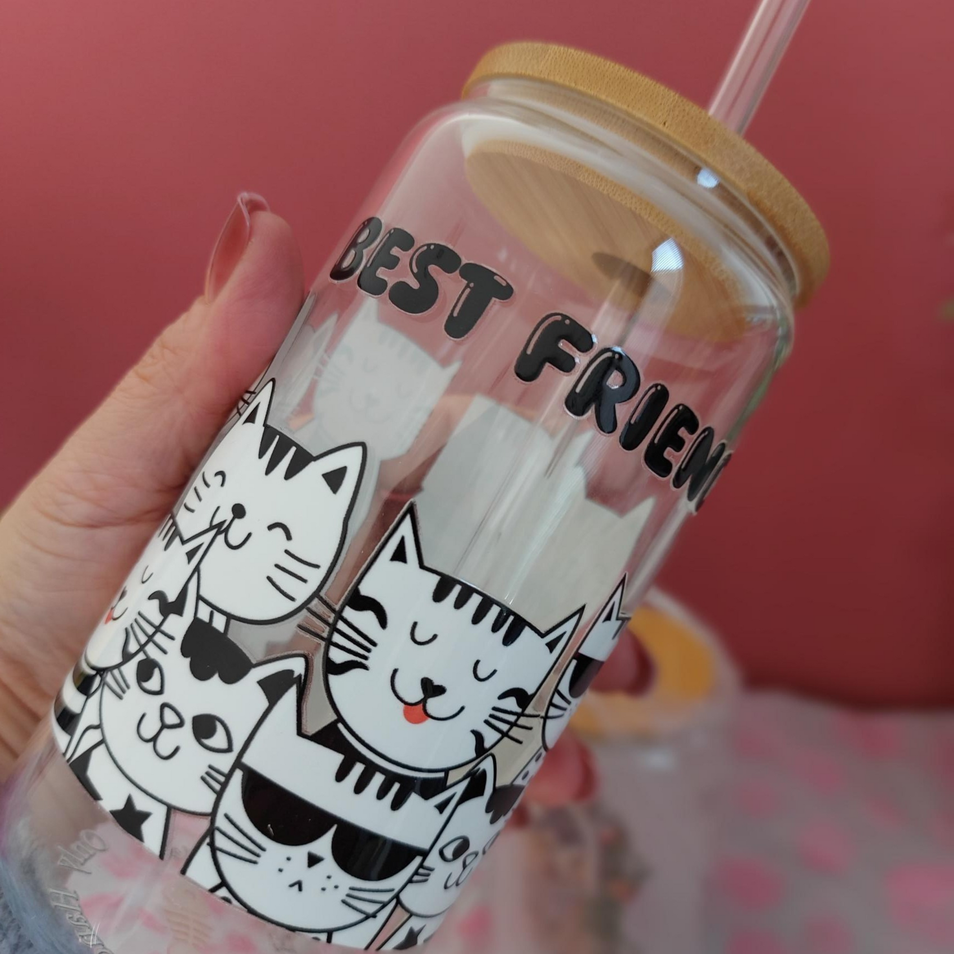 Glass cup with illustrated cartoon cats and the words 'Best Friends' on the front – cute cat-themed drinkware gift.