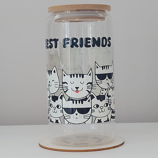 Best Friends Cat Glass Tumbler with Straw & Bamboo Lid – 16oz