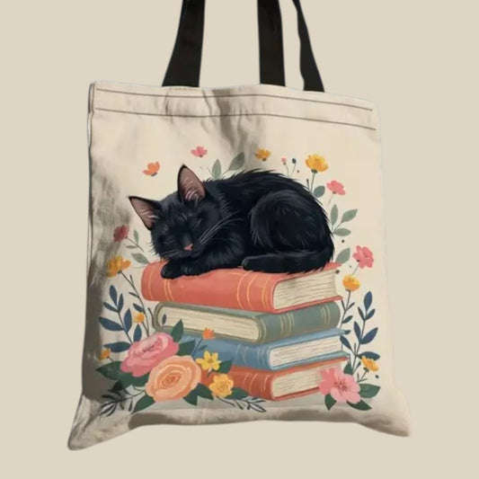 Black Cat Tote Bag – Sleeping Cat on Books Design, Canvas Shopper 34x40cm