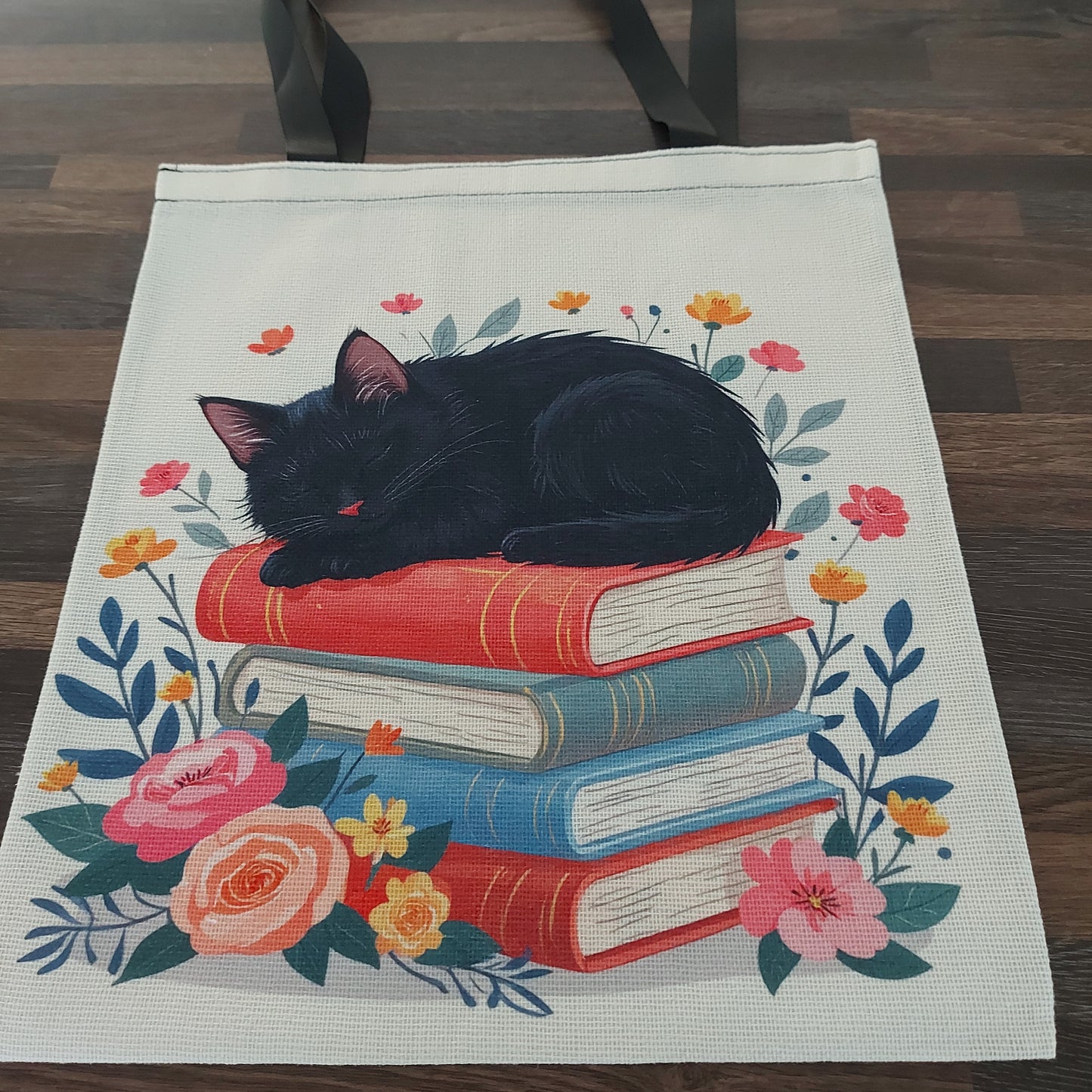 Black Cat Tote Bag – Sleeping Cat on Books Design, Canvas Shopper 34x40cm