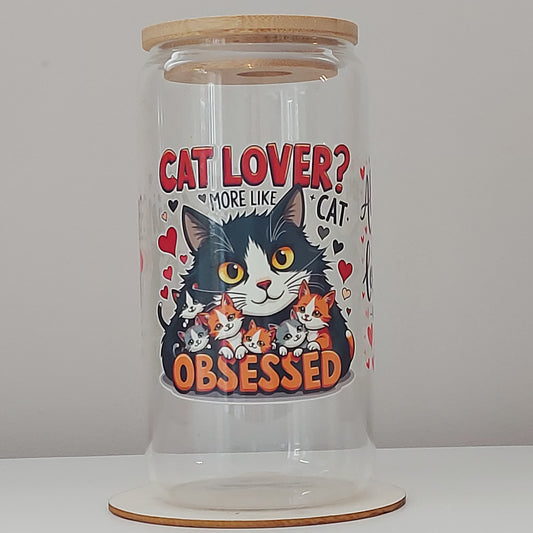 Cat Obsessed’ Glass Tumbler with Bamboo Lid – Funny Gift for Cat Lovers