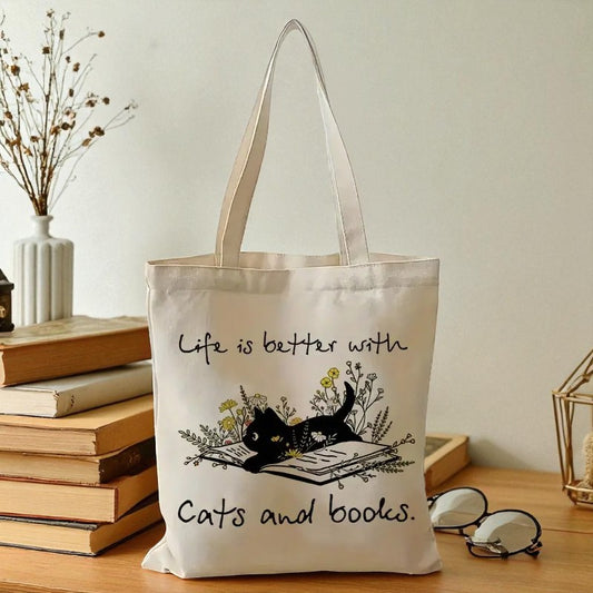 Cats and Books Tote Bag – Black Cat Canvas Shopper 34x40cm