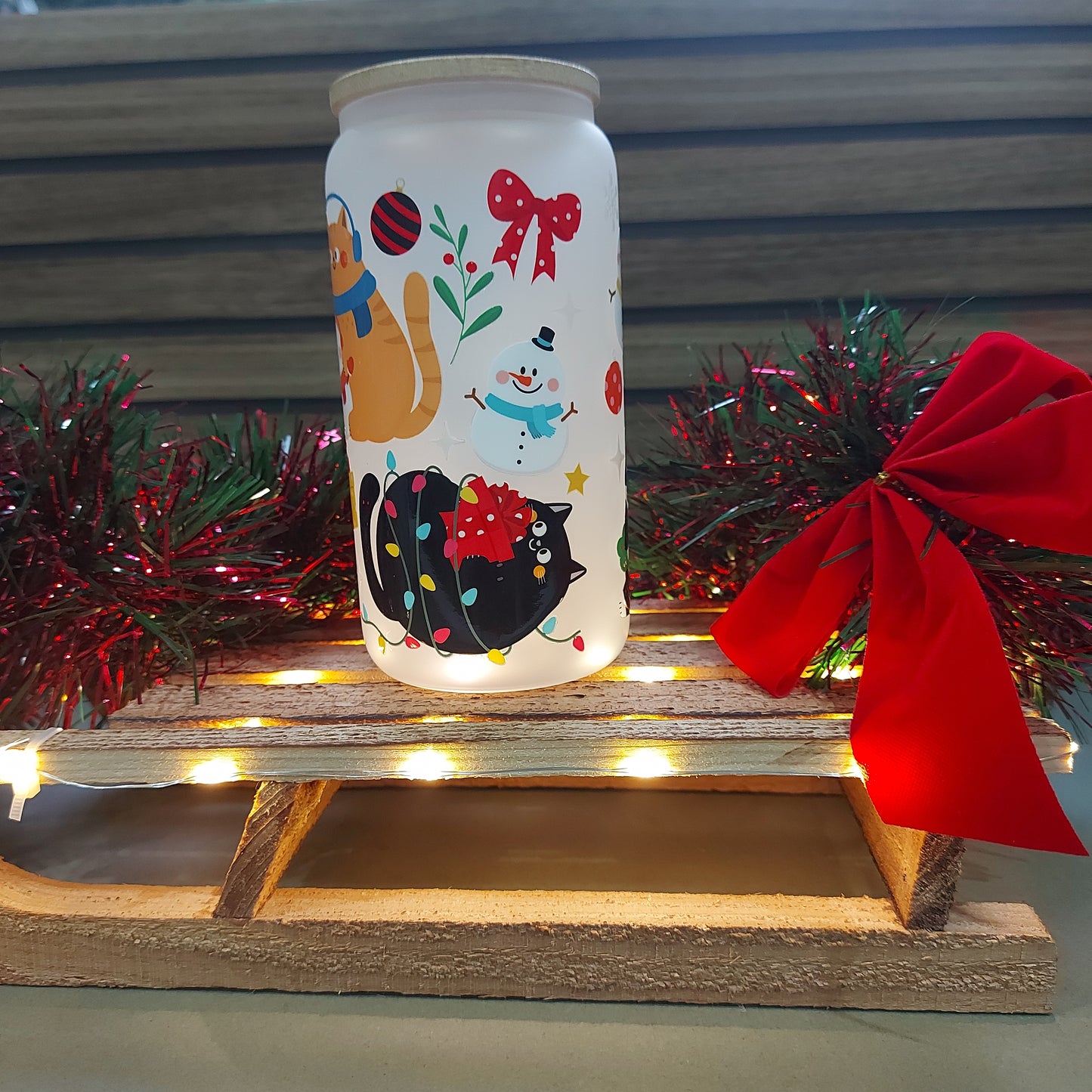 Christmas Cats & Snowmen 16oz Frosted Glass Tumbler