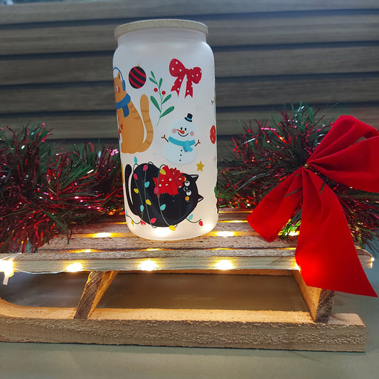 Christmas Cats & Snowmen 16oz Frosted Glass Tumbler