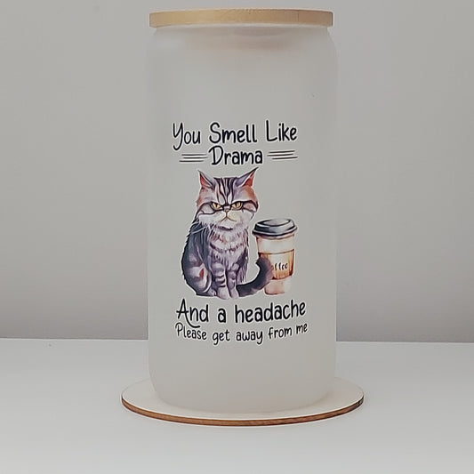 Grumpy cat frosted glass with bamboo lid and plastic straw
