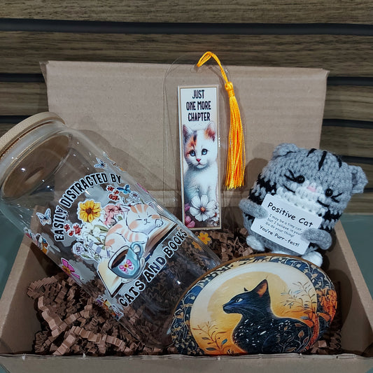 Tumbler Gift Set – Tumbler, Bookmark, Coaster & Crochet Cat Plushie | Cat Lover Gift Box