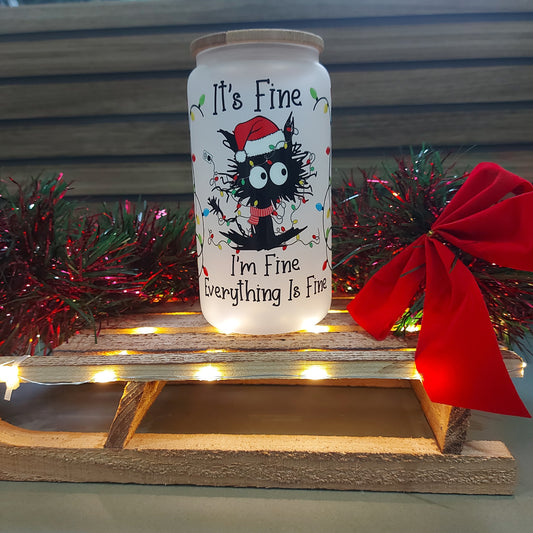 Funny Christmas Cat Frosted Tumbler 16oz with Bamboo Lid & Glass Straw | It’s Fine I’m Fine Cup | Cat Lover Holiday Gift
