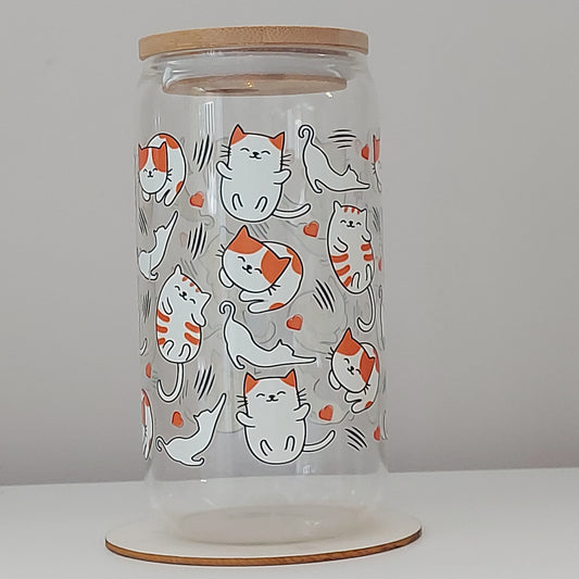 Orange cat and hearts Glass Tumbler with Straw & Bamboo Lid – 16oz