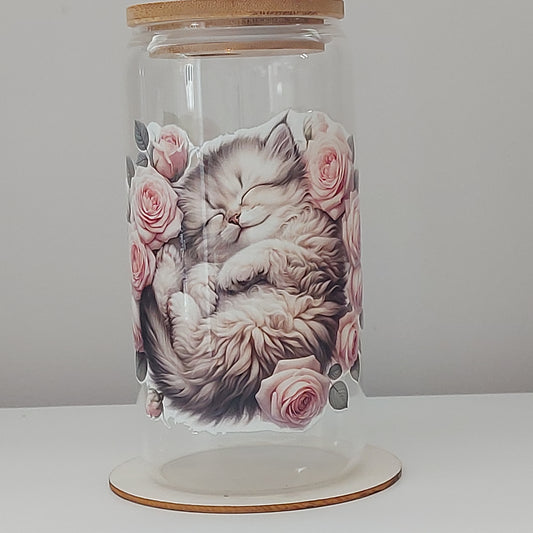 Sleeping Kitten & Pink Roses Glass Tumbler with Bamboo Lid – Cute Cat Lover Gift