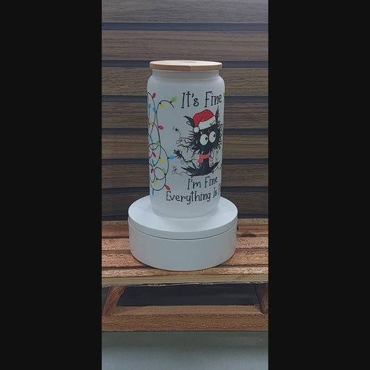 Funny Christmas Cat Frosted Tumbler 16oz with Bamboo Lid & Glass Straw | It’s Fine I’m Fine Cup | Cat Lover Holiday Gift