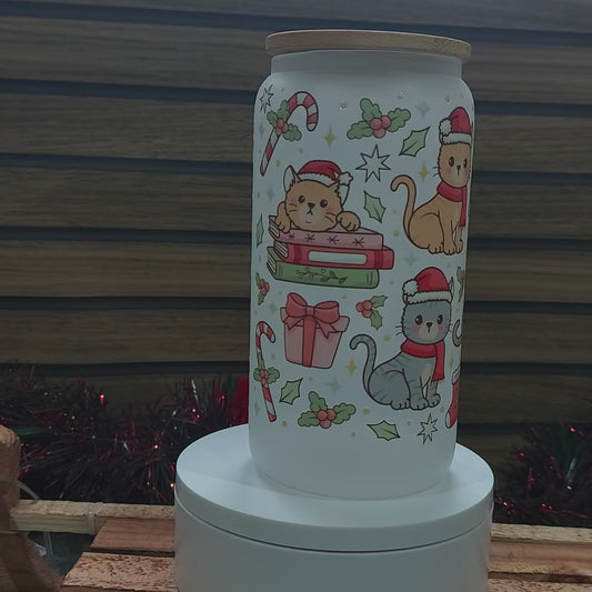 Christmas Cat Lover Frosted Glass Cup – 16oz with Straw & Bamboo Lid